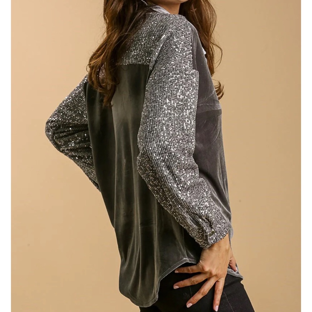 Umgee Velvet & Sequin Accent Button Down Oversized Shacket